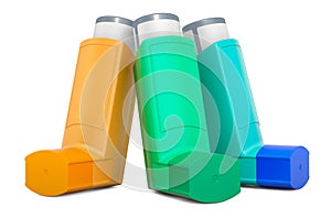 Set of colored metered-dose inhalers, 3D rendering