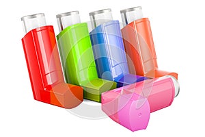 Set of colored metered-dose inhalers, 3D rendering