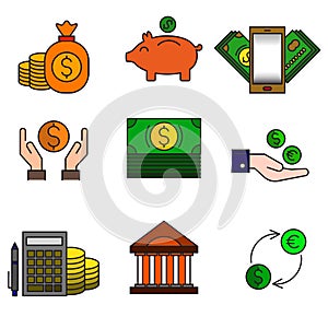 Set of colored modern icons for business and banking.