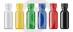 Set of colored non-transparent pharmaceuticals bottles.