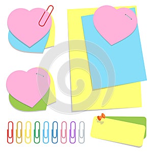 A set of colored office sticky sheets of different shapes, push pins and clips. Simple flat vector illustration isolated on white