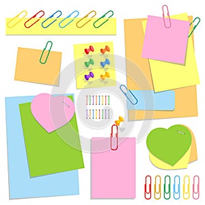 A set of colored office sticky sheets of different shapes, push pins and clips. Simple flat vector illustration isolated on white