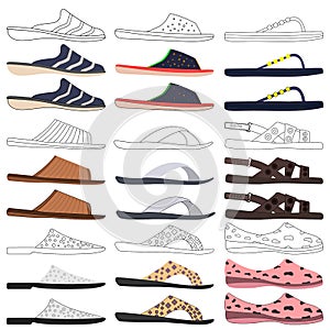 Slippers and flip flops icon. Set vector illustrations. Side view.