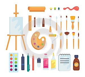 Set of colored painting tools vector icons in cartoon style. Supplies, art brushes and easel. Artist or school