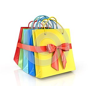 A set of colored paper shopping bags, wrap a red ribbon on a white background.