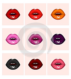 Set colored passion lips, shine lipstick: pink and orange, black and purple, red and violet