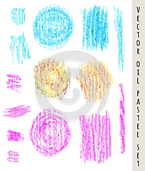 Set of colored pastel spots and brush strokes. Hand drawn design elements. Grunge vector illustration. Pastel crayons and pencil