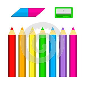 Set of colored pencils with sharpener and eraser in flat style