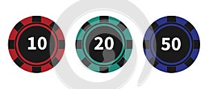 Set of colored poker chips. Token on white background. Vector illustration for card, casino, game design, web,