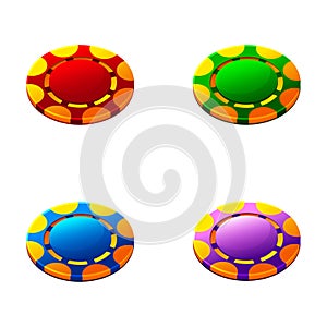 Set of colored poker chips, or tokens for 2D game. Vector illustration for casino, game design, flyer, poster, banner