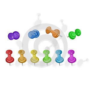 Set of colored push pins in different angles isolated on white background. Vector EPS10 illustration