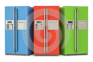 Set of colored refrigerators with side-by-side door system, 3D r