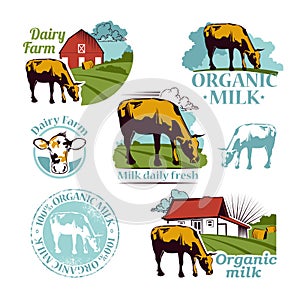 Set of colored Retro Farm vector icons depicting a cow a Fresh l