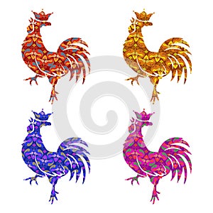 Set of colored silhouettes of roosters isolated on white background. Bird with ornament. Chinese Traditional Zodiac.