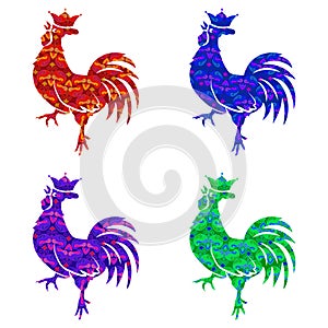 Set of colored silhouettes of roosters isolated on white background. Bird with ornament. Chinese Traditional Zodiac