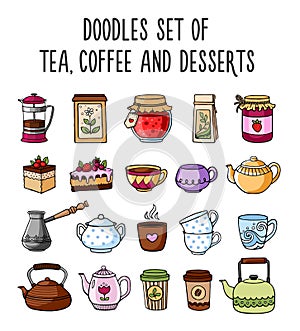 Set of colored sketches of teapots, cups, tea, coffee.