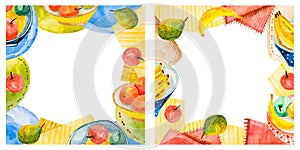 Set of colored square watercolor cards with fruits on isolated white background