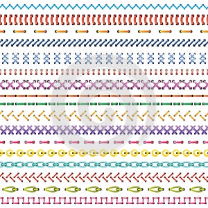 Set of colored stiches . Vector seamless colored rows