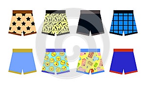 Set of colored underpants shorts with a patternon white background. Underwear for men. Flat design Vector