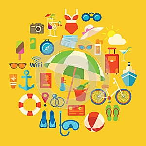Set of colored vector icons and symbols on the summer beach holidays