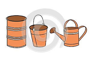 Set of colored watering can, bucket and metal barrel isolated on a white background.