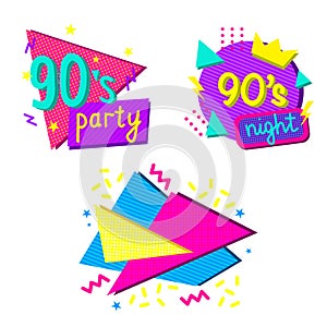 Set with colorful 1990s style design elements, lettering with abstract geometric shapes, vector