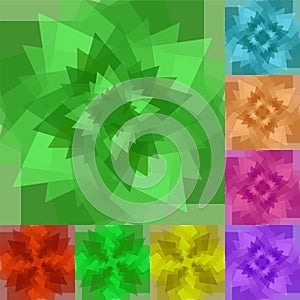 Set of Colorful Abstract Backgrounds. Transparent Polygons Twisted in Vortex Glowing from dark to light.