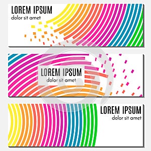 Set of colorful abstract header banners with curved lines, flying pieces