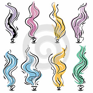 Set colorful abstract smoke swirls emanating incense burners, stylized graphic smoke photo