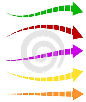 Set of 5 colorful arrow shapes. Long, horizontal arrows