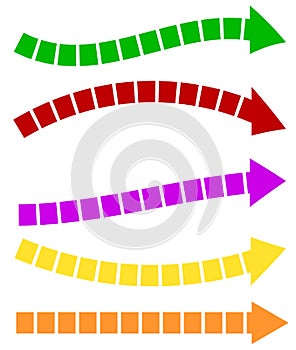 Set of 5 colorful arrow shapes. Long, horizontal arrows