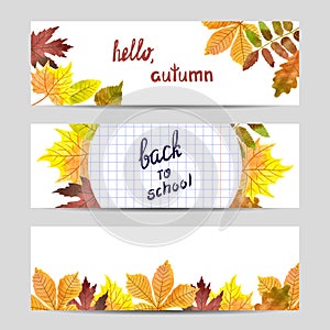 Set of colorful autumn banners with watercolor leaves.