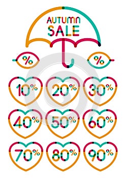 Set of colorful autumn sale discount labels, from 10 to 90 percent. Vector illustration