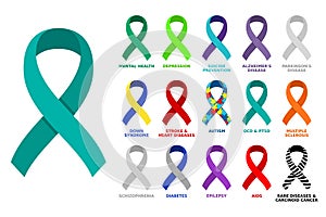 Different colored awareness ribbon collection. Awareness ribbons for different causes, illnes or conditions. Mental health photo