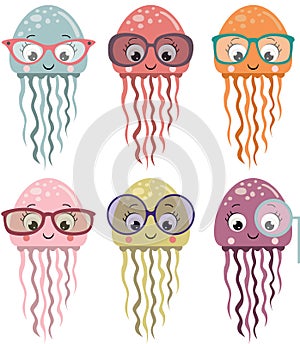 Set of colorful baby squids with glasses