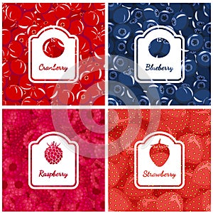Set colorful backgrounds of wild berries. Blueberries, cranberries, strawberries, raspberries.