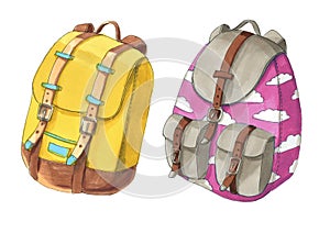 Set of colorful backpacks with pink sky ans clouds