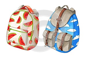 Set of colorful backpacks with red melon ans clouds
