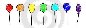 Set of colorful balloons inflatable in a deliberately childish style. Imitation child drawing. Kid sketch, painting felt-tip pen