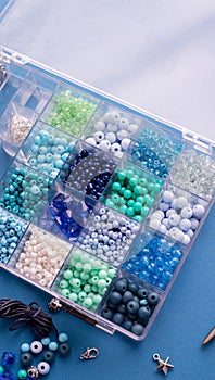 Set of colorful beads and accessories for making Jewelry bracelets of beads and necklaces. DIY bijouterie concept. Flat