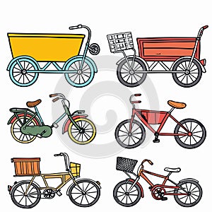 Set colorful bicycle tricycle illustrations isolated white background. Different types bikes