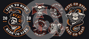 Set of colorful biker emblems on dark background