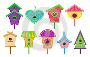Set of colorful birdhouses. Nesting boxes for birds. Decorative flat vector elements for posters, postcards or banners