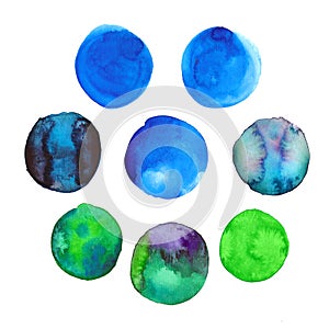 Set of colorful blue and green hand drawn watercolor spots, circles isolated on white.