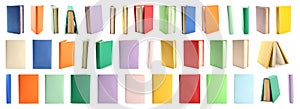 Set of colorful books on background