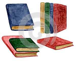 Set of colorful books. Science, hobby, education, reading, literature, dictionaries, encyclopedias, planners. Watercolor