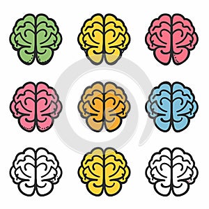 Set colorful brain icons representing different cognitive creative processes. Nine different brain photo