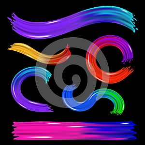 Set of colorful brush strokes on black background. Modern flow, wave Liquid shape. Dynamic elements design. Paint splash, splatter