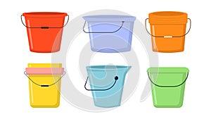 Set of colorful buckets in cartoon style. Vector illustration of various plastic buckets with different size white background