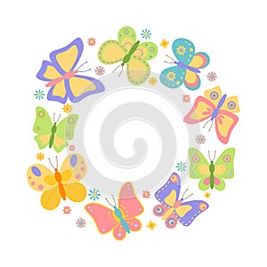 Set of colorful butterflies arranged in circle, isolated on white background